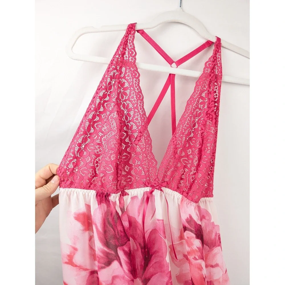 Floral Lace Trim Sheer Mesh Ruffle Babydoll Chemise Sz S Pink Nightgown Coquette